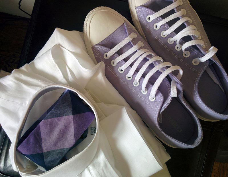 Trendy purple shoes and white dress shirt